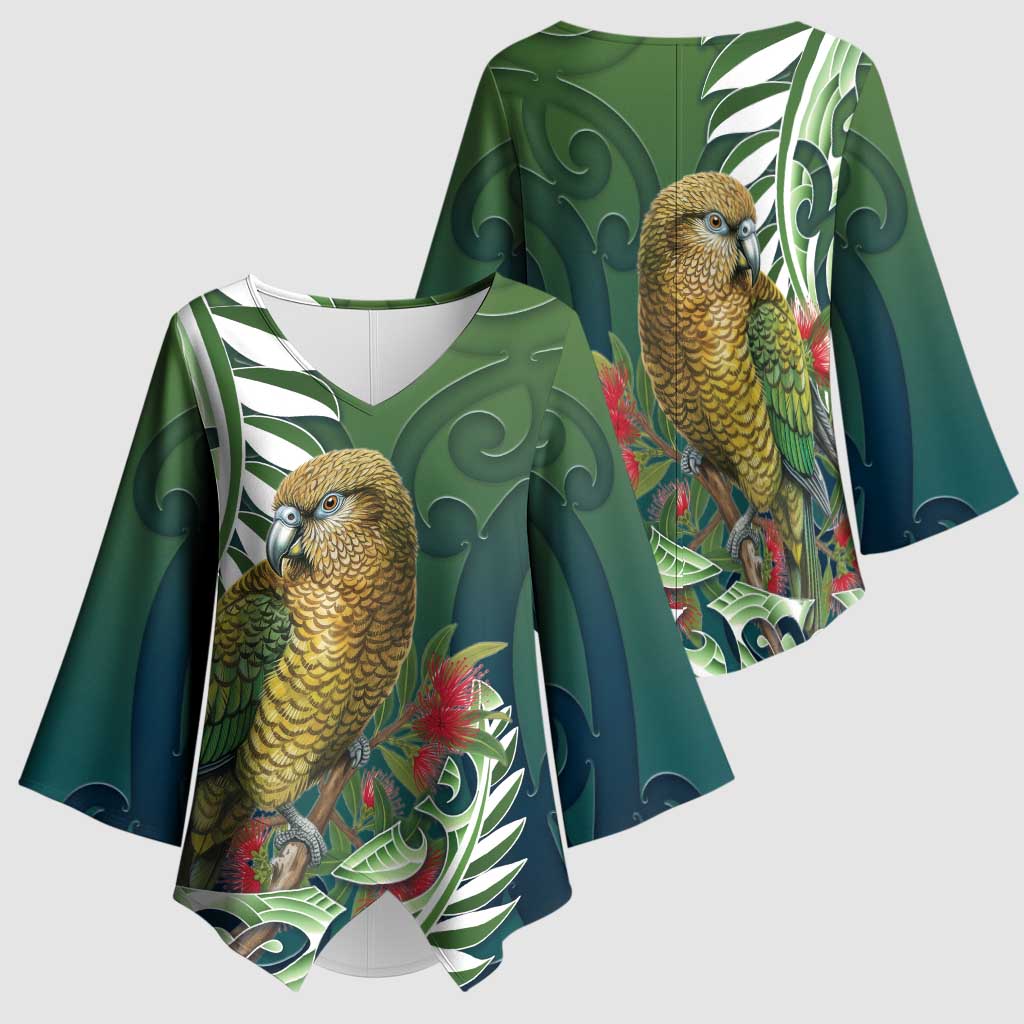 New Zealand Kea Bird Kimono Sleeve Blouse With Maori Koru Fern - Aussie Hoodie
