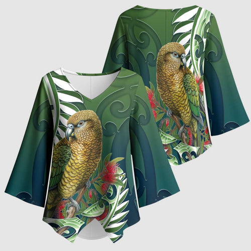 New Zealand Kea Bird Kimono Sleeve Blouse With Maori Koru Fern - Aussie Hoodie