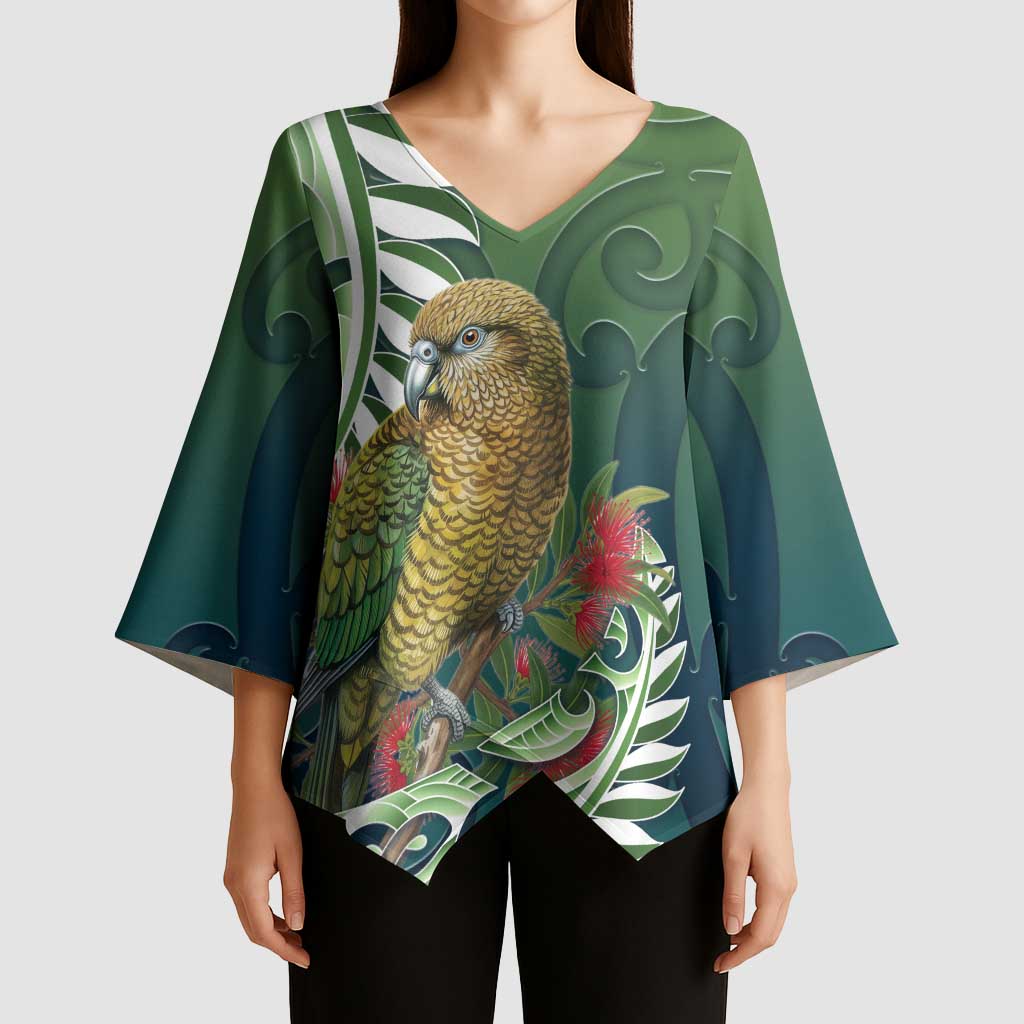 New Zealand Kea Bird Kimono Sleeve Blouse With Maori Koru Fern - Aussie Hoodie