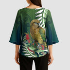 New Zealand Kea Bird Kimono Sleeve Blouse With Maori Koru Fern - Aussie Hoodie