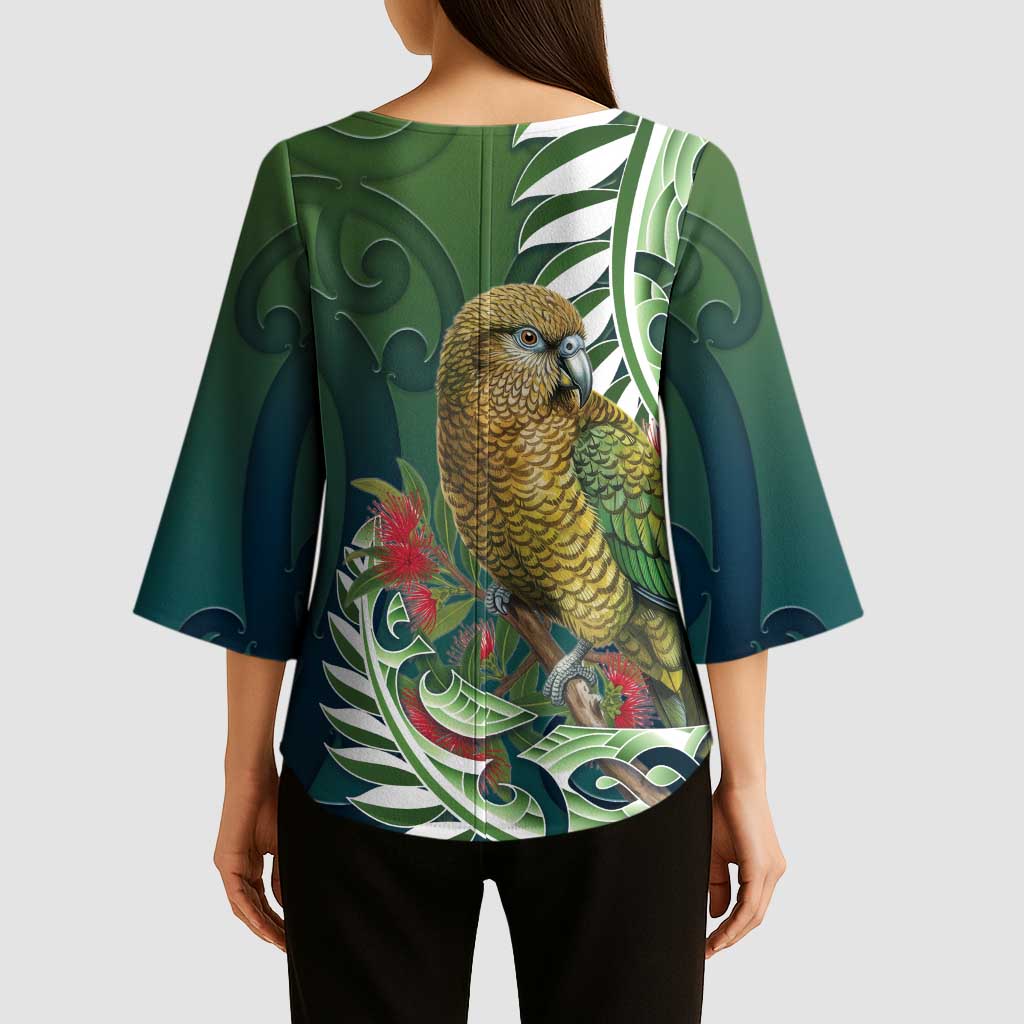 New Zealand Kea Bird Kimono Sleeve Blouse With Maori Koru Fern - Aussie Hoodie