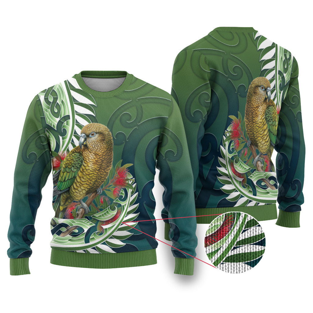 New Zealand Kea Bird Ugly Christmas Sweater With Maori Koru Fern