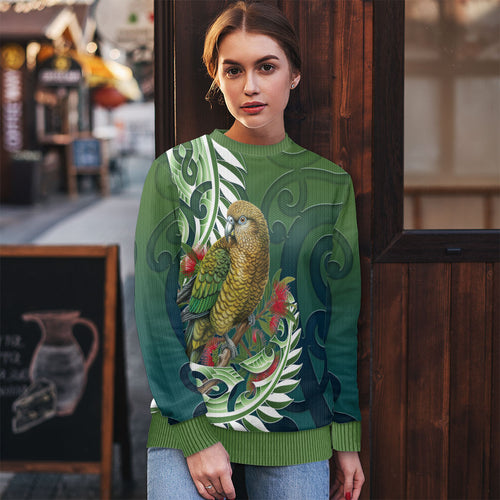 New Zealand Kea Bird Ugly Christmas Sweater With Maori Koru Fern