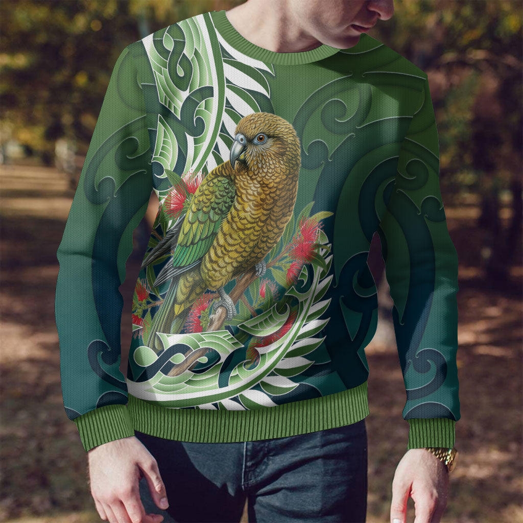 New Zealand Kea Bird Ugly Christmas Sweater With Maori Koru Fern