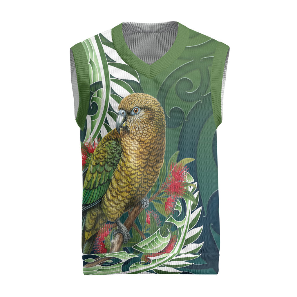 New Zealand Kea Bird Christmas Knitted V-Neck Vest With Maori Koru Fern