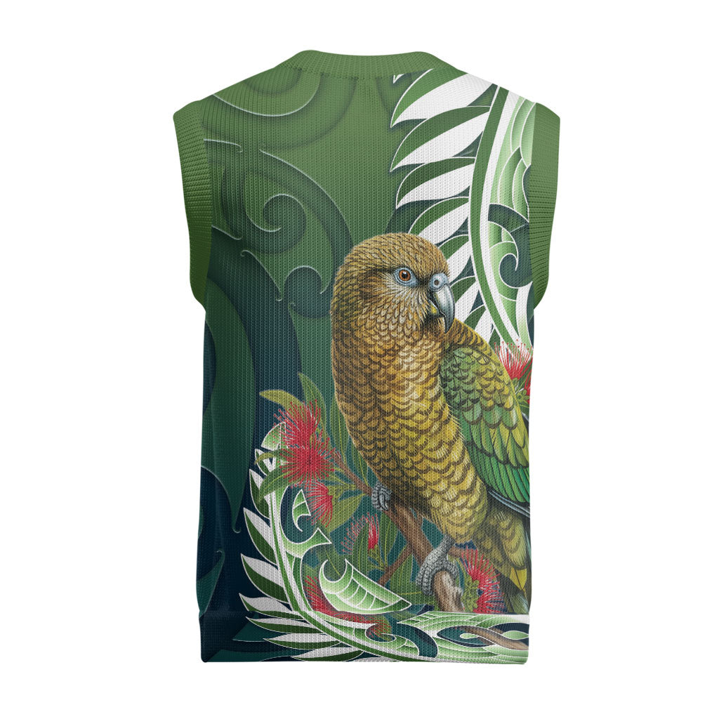 New Zealand Kea Bird Christmas Knitted V-Neck Vest With Maori Koru Fern