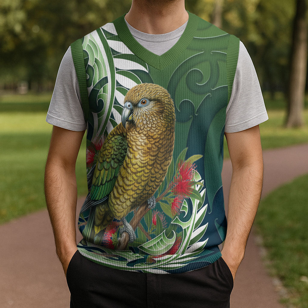 New Zealand Kea Bird Christmas Knitted V-Neck Vest With Maori Koru Fern