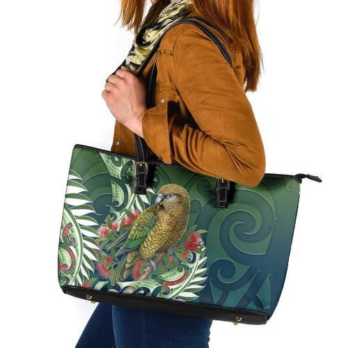 New Zealand Kea Bird Leather Tote Bag With Maori Koru Fern - Aussie Hoodie