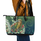 New Zealand Kea Bird Leather Tote Bag With Maori Koru Fern - Aussie Hoodie