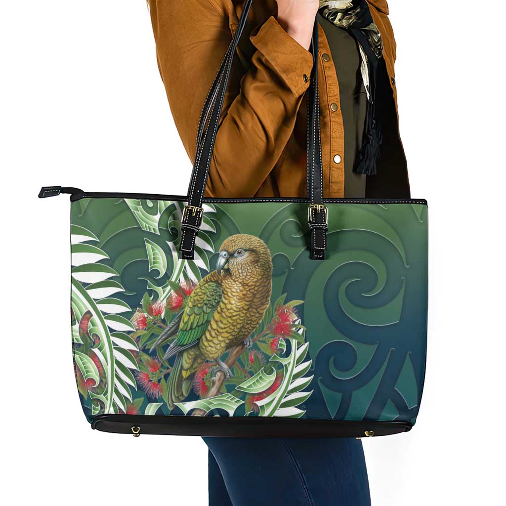New Zealand Kea Bird Leather Tote Bag With Maori Koru Fern - Aussie Hoodie