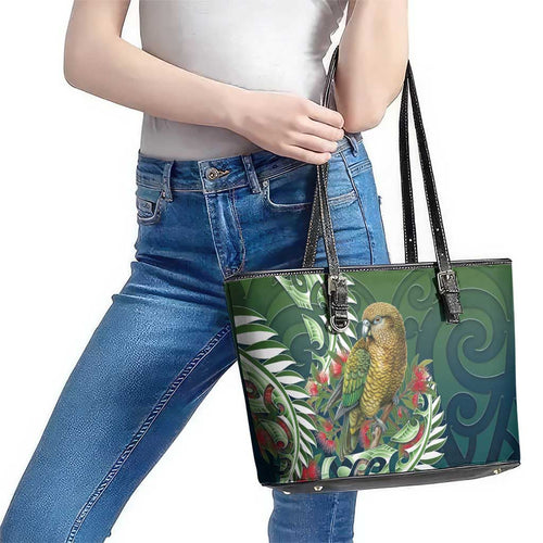 New Zealand Kea Bird Leather Tote Bag With Maori Koru Fern - Aussie Hoodie