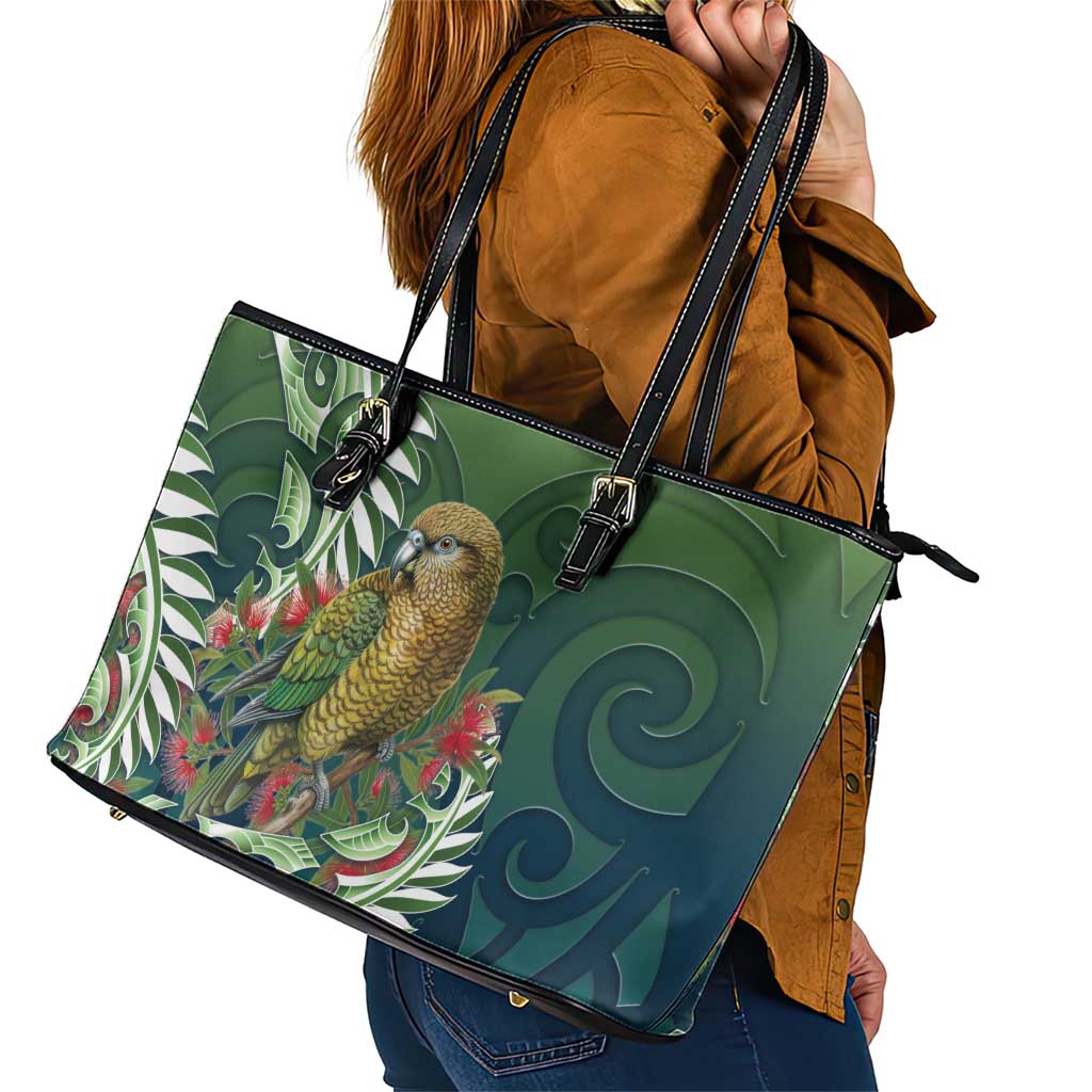 New Zealand Kea Bird Leather Tote Bag With Maori Koru Fern - Aussie Hoodie
