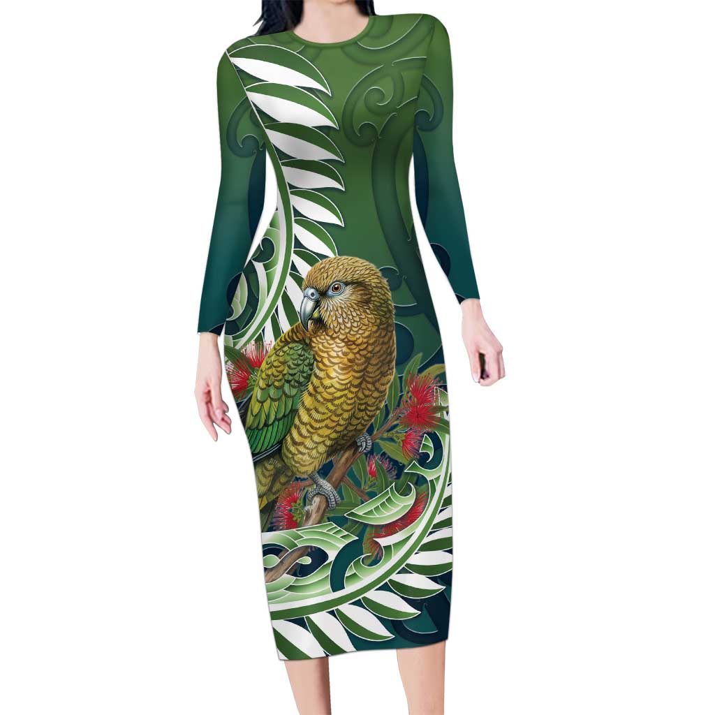 New Zealand Kea Bird Long Sleeve Bodycon Dress With Maori Koru Fern - Aussie Hoodie