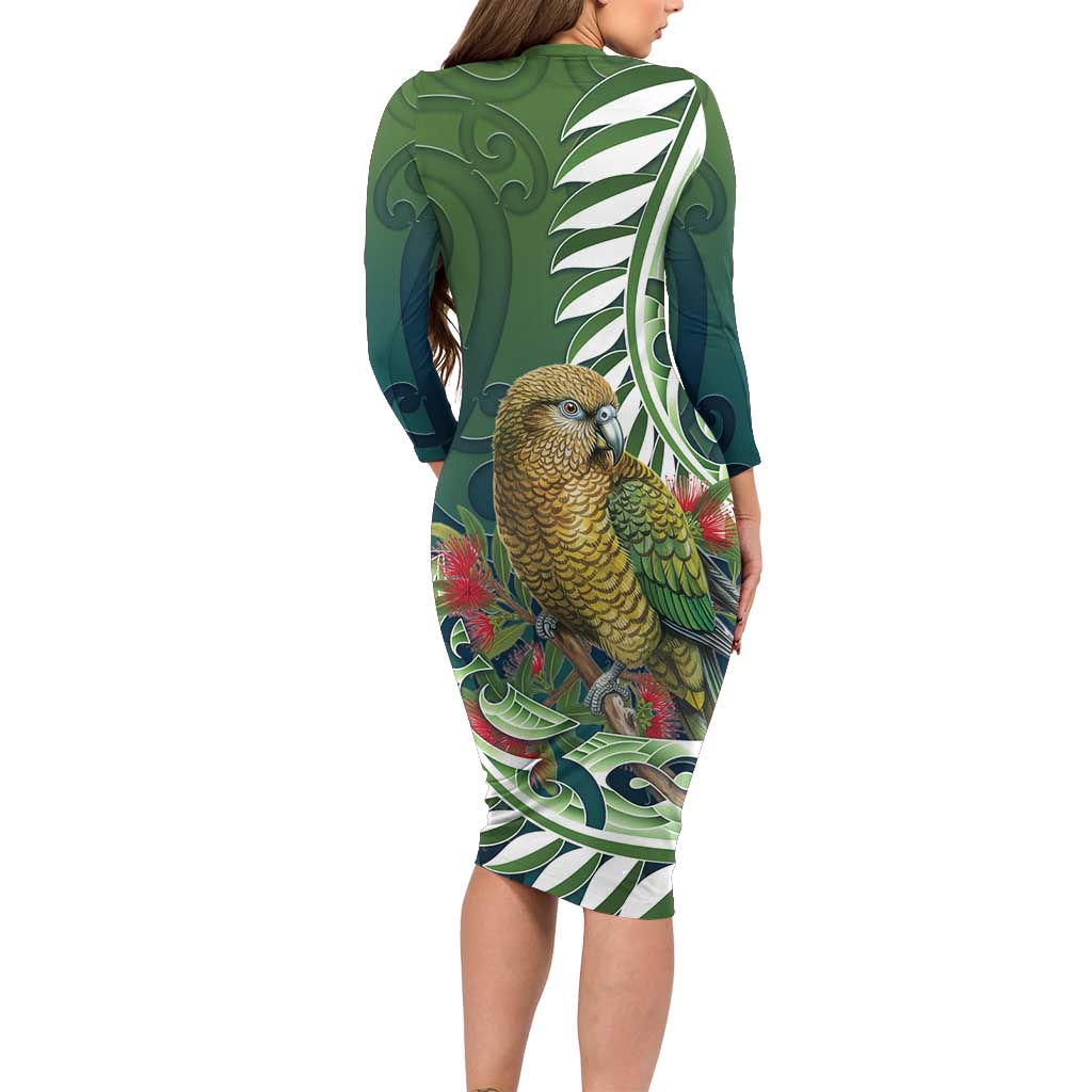 New Zealand Kea Bird Long Sleeve Bodycon Dress With Maori Koru Fern - Aussie Hoodie