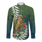 New Zealand Kea Bird Long Sleeve Button Shirt With Maori Koru Fern - Aussie Hoodie