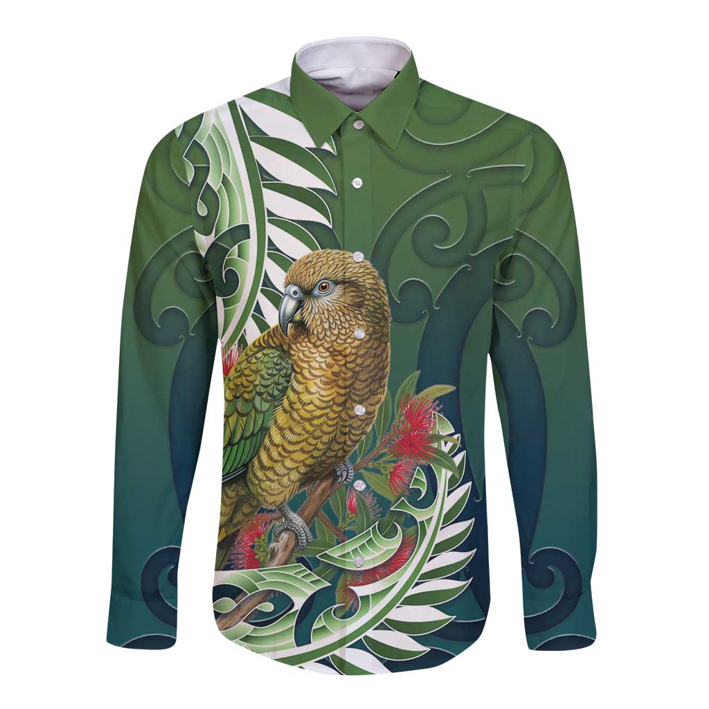 New Zealand Kea Bird Long Sleeve Button Shirt With Maori Koru Fern - Aussie Hoodie