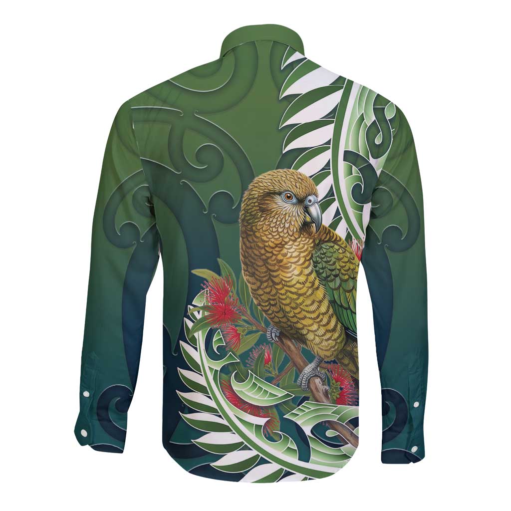 New Zealand Kea Bird Long Sleeve Button Shirt With Maori Koru Fern - Aussie Hoodie