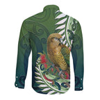 New Zealand Kea Bird Long Sleeve Button Shirt With Maori Koru Fern - Aussie Hoodie