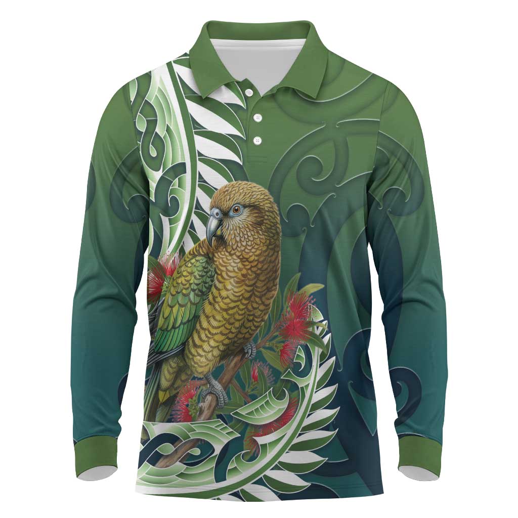 New Zealand Kea Bird Long Sleeve Polo Shirt With Maori Koru Fern - Aussie Hoodie