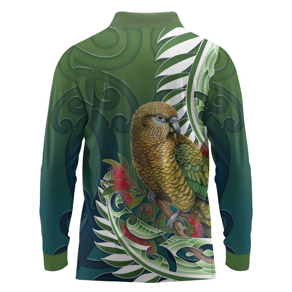 New Zealand Kea Bird Long Sleeve Polo Shirt With Maori Koru Fern - Aussie Hoodie