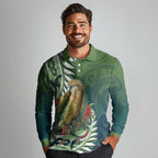 New Zealand Kea Bird Long Sleeve Polo Shirt With Maori Koru Fern - Aussie Hoodie