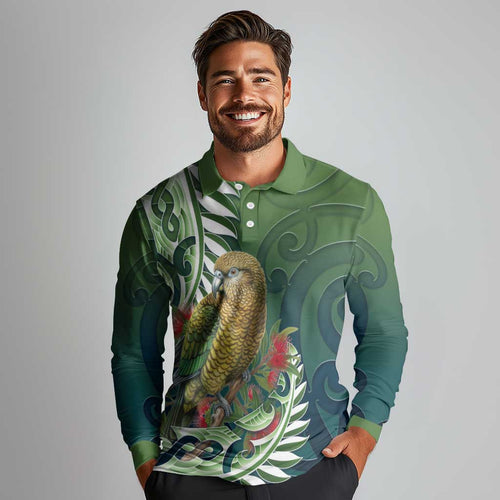 New Zealand Kea Bird Long Sleeve Polo Shirt With Maori Koru Fern - Aussie Hoodie