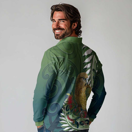 New Zealand Kea Bird Long Sleeve Polo Shirt With Maori Koru Fern - Aussie Hoodie
