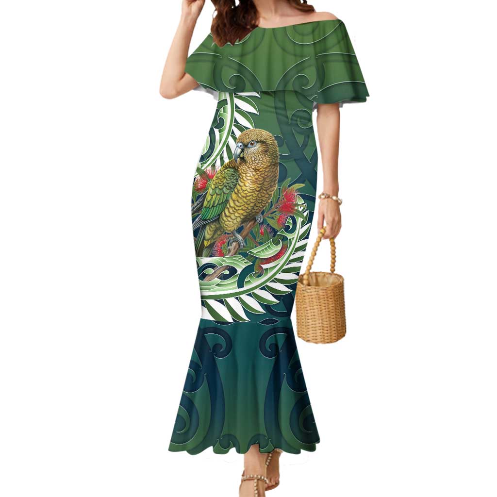 New Zealand Kea Bird Mermaid Dress With Maori Koru Fern - Aussie Hoodie