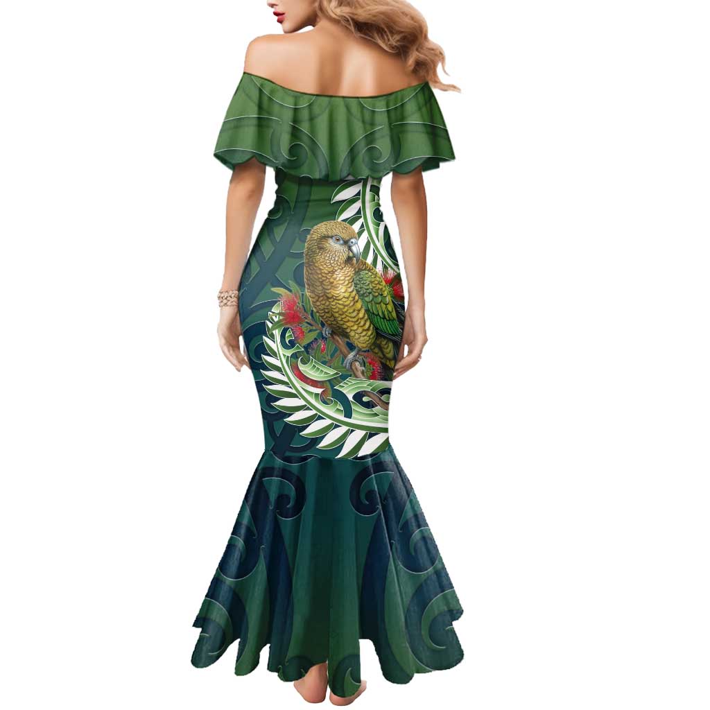 New Zealand Kea Bird Mermaid Dress With Maori Koru Fern - Aussie Hoodie