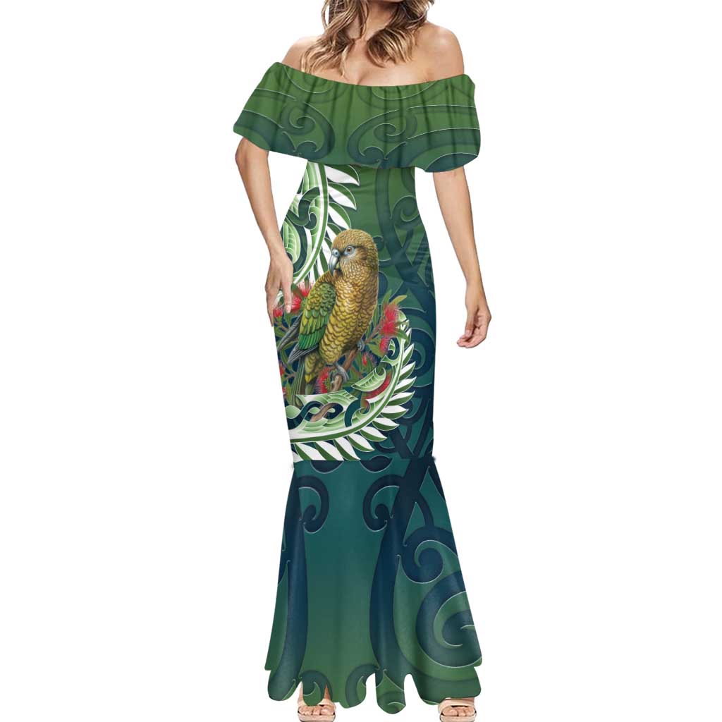 New Zealand Kea Bird Mermaid Dress With Maori Koru Fern - Aussie Hoodie