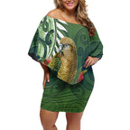 New Zealand Kea Bird Off Shoulder Short Dress With Maori Koru Fern - Aussie Hoodie