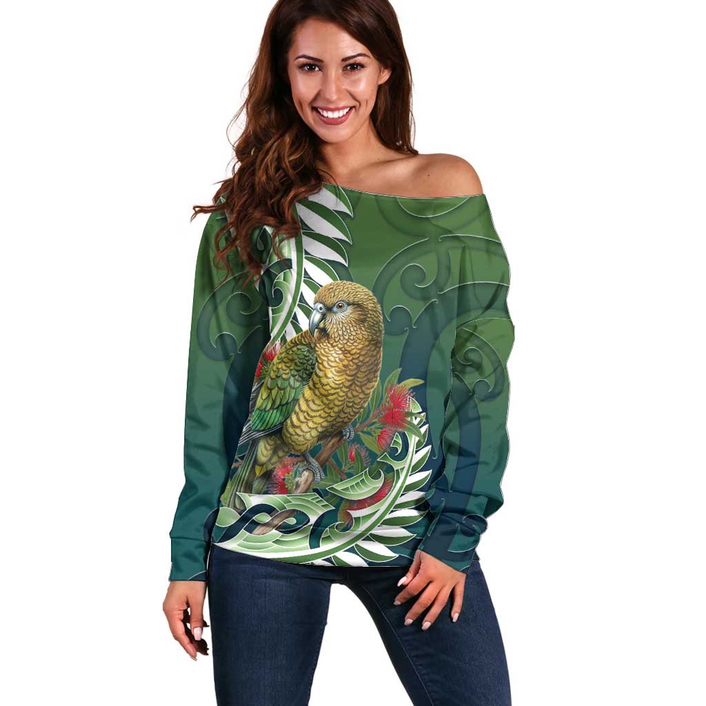 New Zealand Kea Bird Off Shoulder Sweater With Maori Koru Fern - Aussie Hoodie