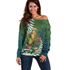 New Zealand Kea Bird Off Shoulder Sweater With Maori Koru Fern - Aussie Hoodie