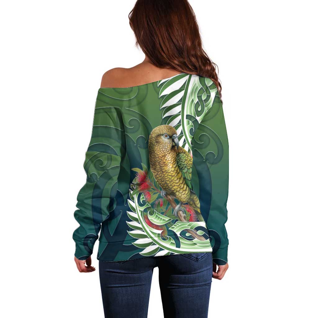 New Zealand Kea Bird Off Shoulder Sweater With Maori Koru Fern - Aussie Hoodie