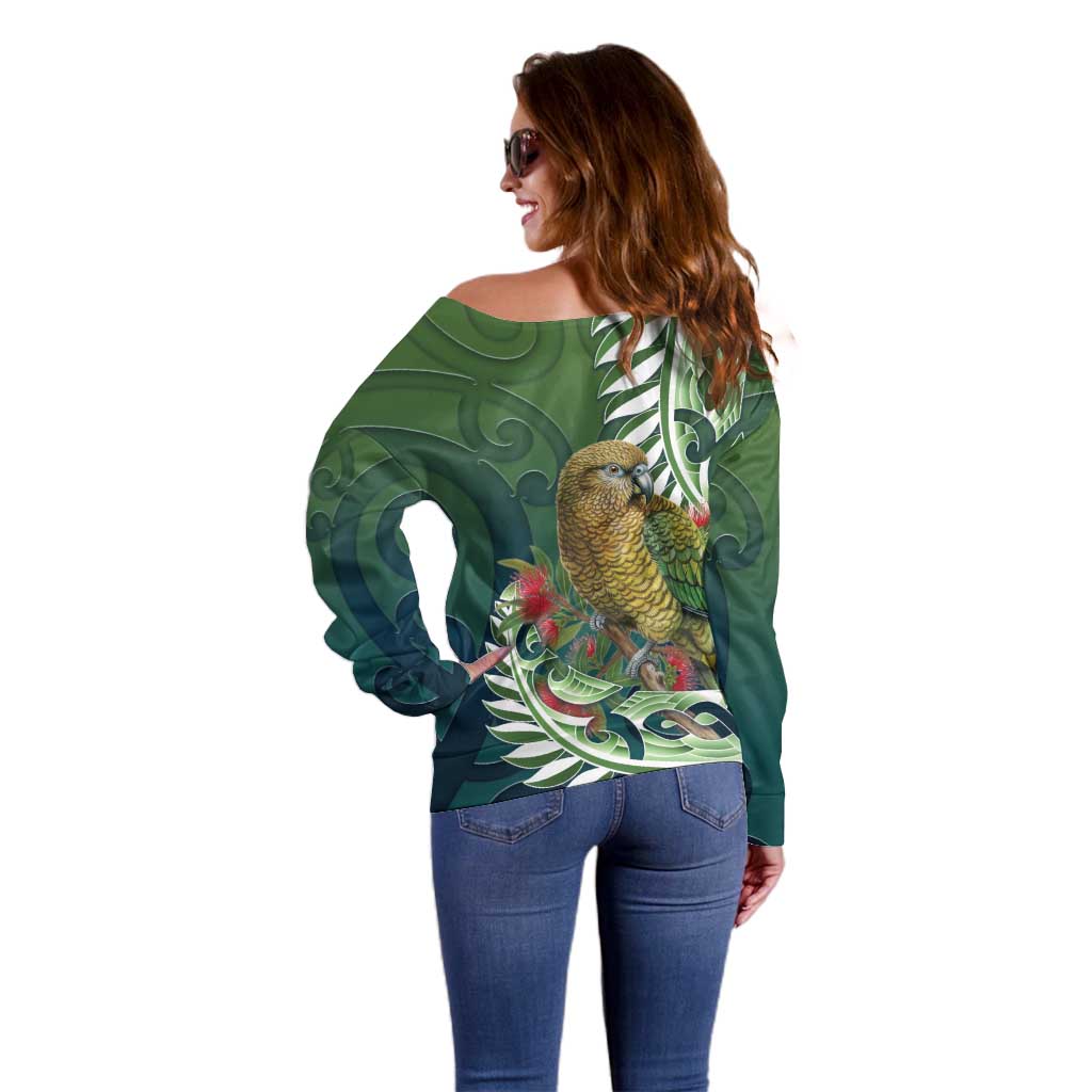 New Zealand Kea Bird Off Shoulder Sweater With Maori Koru Fern - Aussie Hoodie