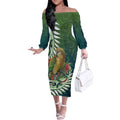 New Zealand Kea Bird Off The Shoulder Long Sleeve Dress With Maori Koru Fern - Aussie Hoodie