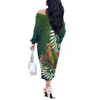 New Zealand Kea Bird Off The Shoulder Long Sleeve Dress With Maori Koru Fern - Aussie Hoodie