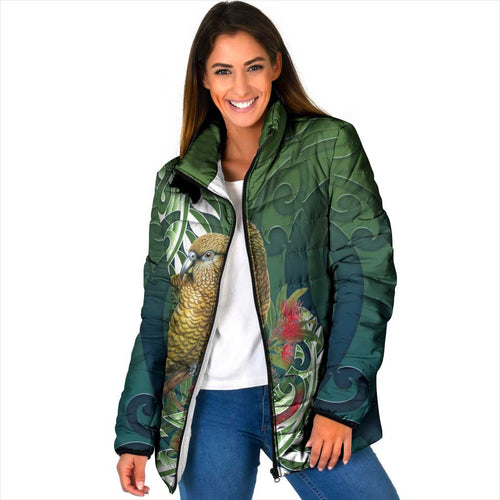 New Zealand Kea Bird Padded Jacket With Maori Koru Fern - Aussie Hoodie