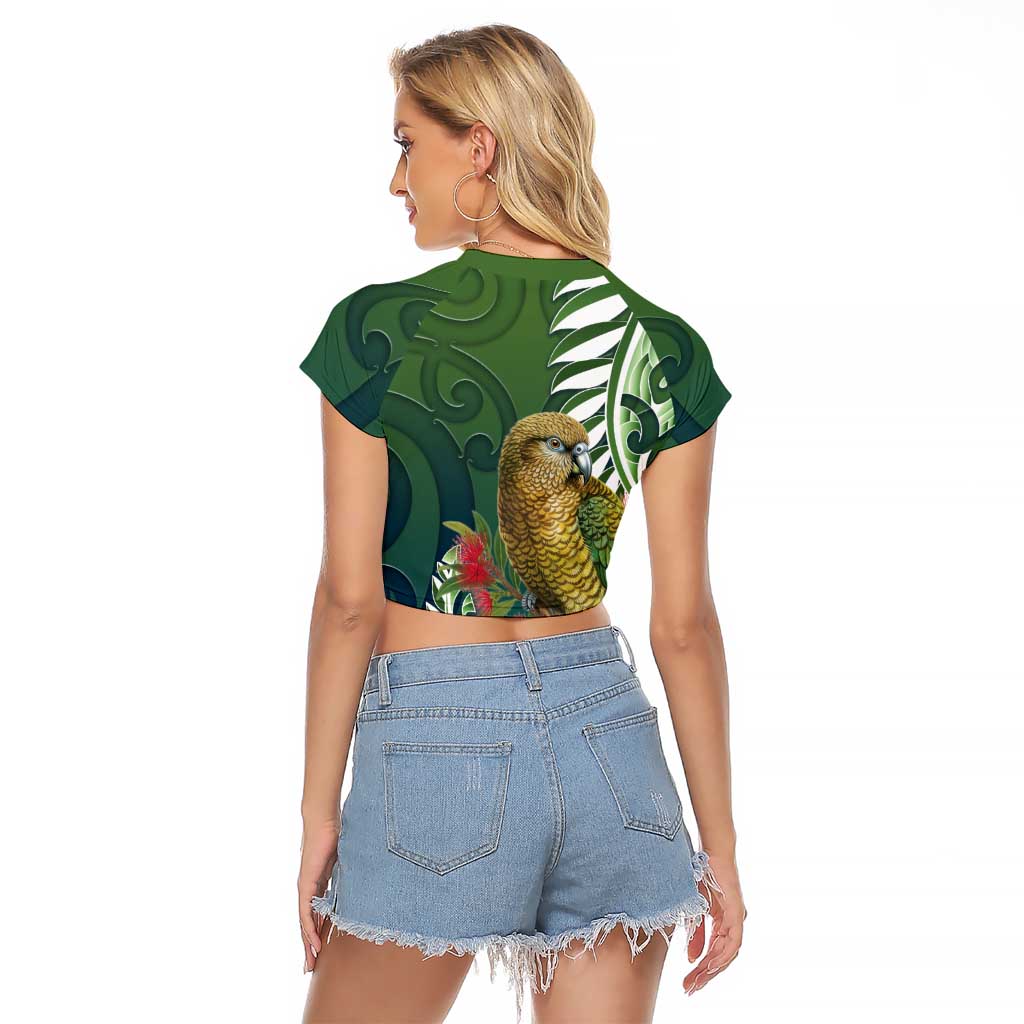 New Zealand Kea Bird Raglan Cropped T Shirt With Maori Koru Fern - Aussie Hoodie