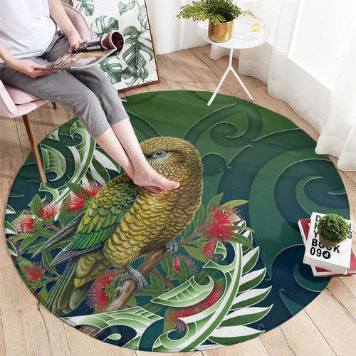 New Zealand Kea Bird Round Carpet With Maori Koru Fern - Aussie Hoodie