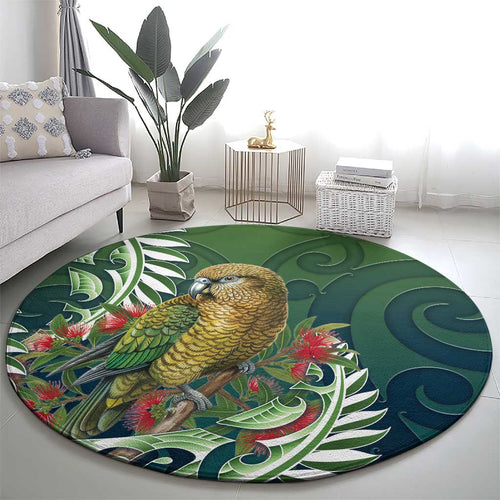 New Zealand Kea Bird Round Carpet With Maori Koru Fern - Aussie Hoodie