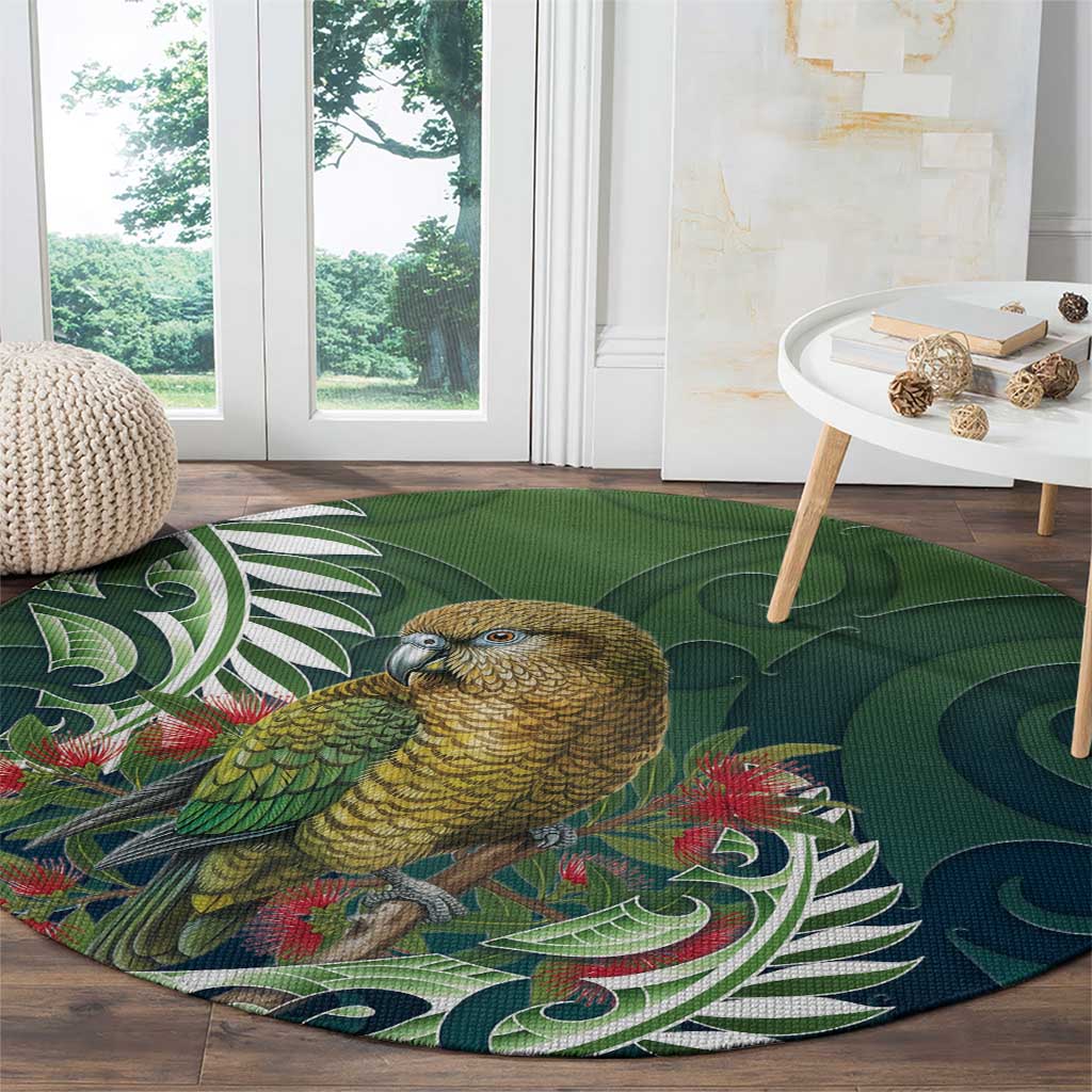 New Zealand Kea Bird Round Carpet With Maori Koru Fern - Aussie Hoodie
