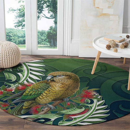 New Zealand Kea Bird Round Carpet With Maori Koru Fern - Aussie Hoodie