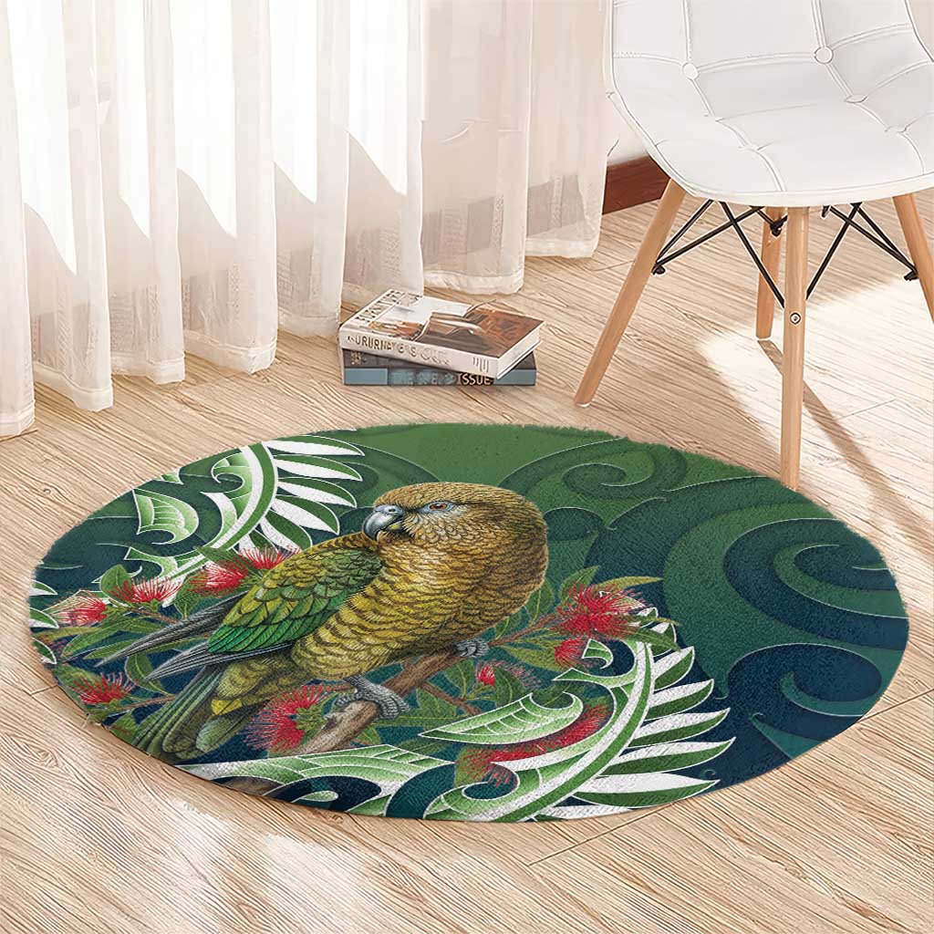 New Zealand Kea Bird Round Carpet With Maori Koru Fern - Aussie Hoodie