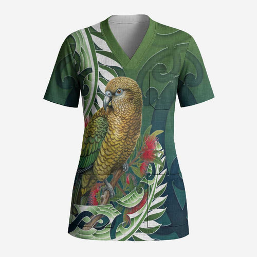 New Zealand Kea Bird Scrub Top With Maori Koru Fern - Aussie Hoodie