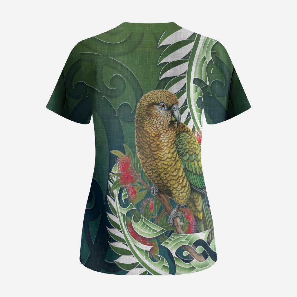 New Zealand Kea Bird Scrub Top With Maori Koru Fern - Aussie Hoodie