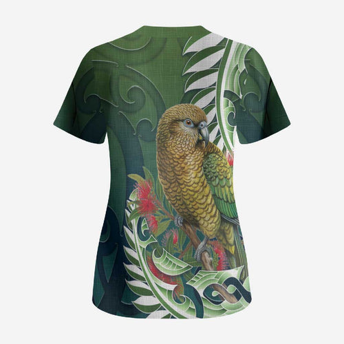 New Zealand Kea Bird Scrub Top With Maori Koru Fern - Aussie Hoodie