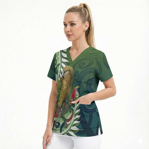 New Zealand Kea Bird Scrub Top With Maori Koru Fern - Aussie Hoodie