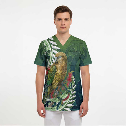 New Zealand Kea Bird Scrub Top With Maori Koru Fern - Aussie Hoodie
