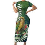 New Zealand Kea Bird Short Sleeve Bodycon Dress With Maori Koru Fern - Aussie Hoodie